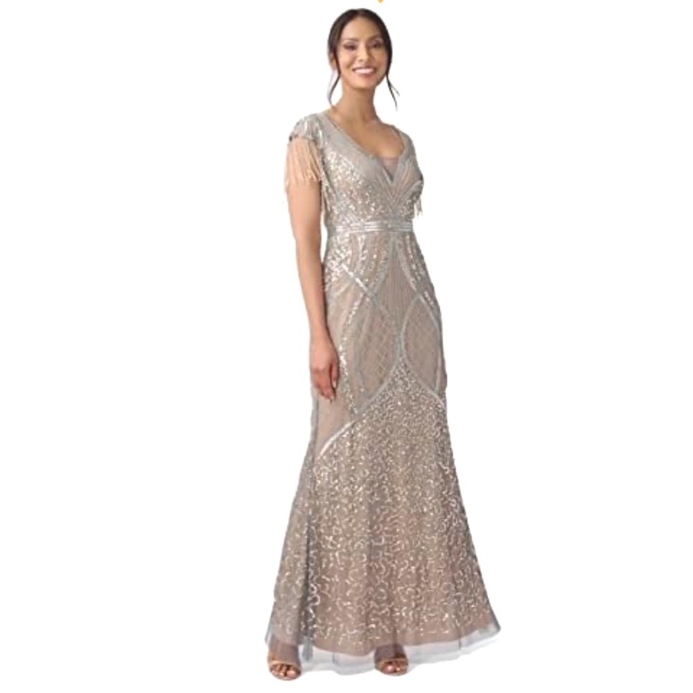 Adrianna Papell Art Deco Beaded Fringe Gown Lead Silver V-Neck Mermaid Dress NEW
